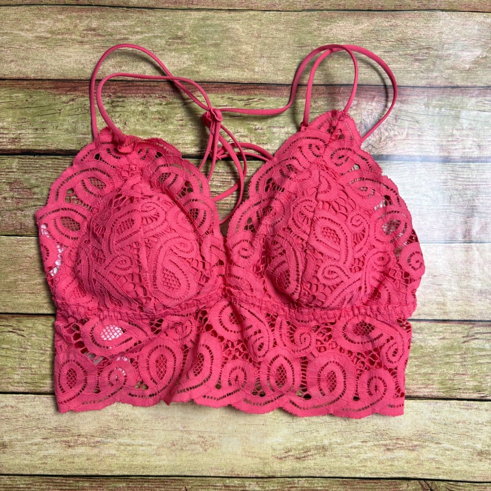 Victoria's Secret PINK Lace Bralette Coral Pink Strappy Back Smocked Small